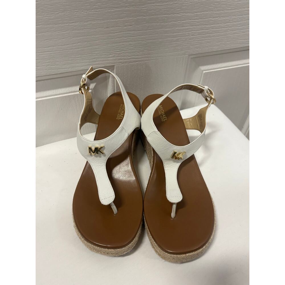 Michael Kors White Leather Espadrille Wedge Sandals Womens Size 9M T Strap